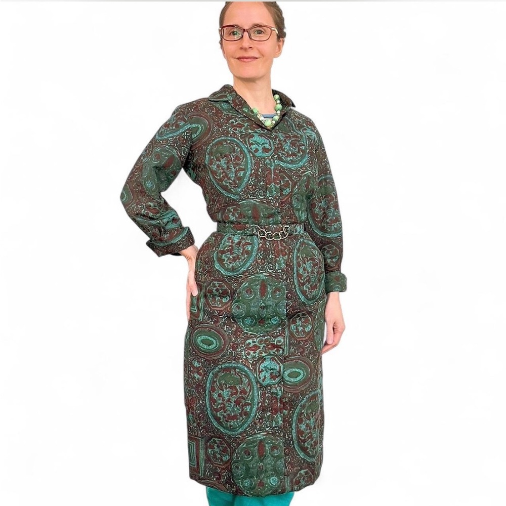50s Dark Green Print Dress Vintage 1950s Cotton Lined S